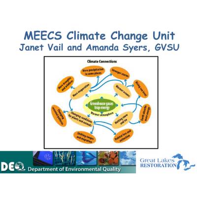 Title slide for "MEECS Climate Change Unit", presented by Janet Vail and Amanda Syers, GVSU, DEQ Department of Environmental Quality, Great Lakes Restoration, image of climate connections diagram